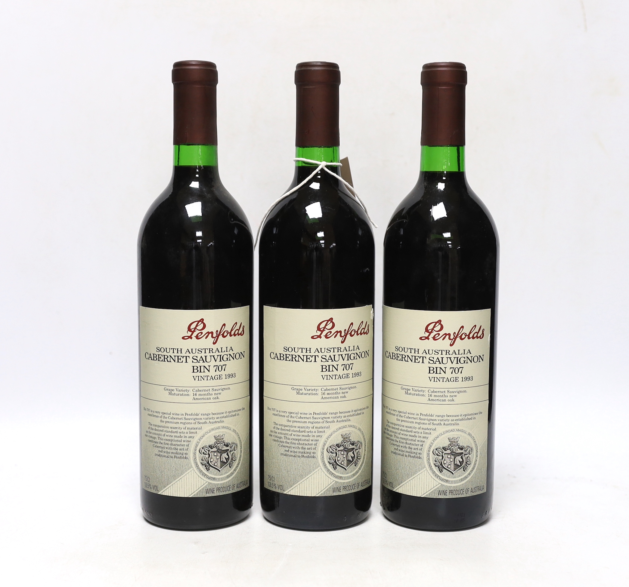 Three bottles of Penfolds Cabernet Sauvignon bin 707 1993